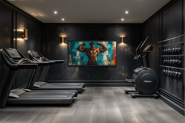 Bodybuilder graffiti framed canvas art for a fitness room.