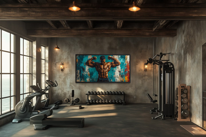 Framed canvas art of a bodybuilder flexing with graffiti-style accents.