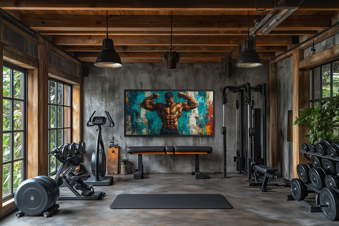 Bodybuilder graffiti framed canvas gym painting for fitness room decor.