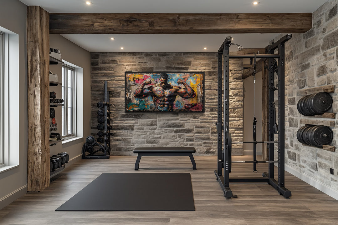 Bodybuilder Graffiti Wall Art – Framed Canvas Gym Painting for Fitness Room Decor