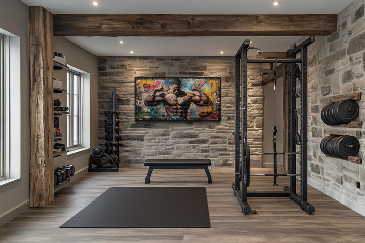 Bodybuilder Graffiti Wall Art – Framed Canvas Gym Painting for Fitness Room Decor