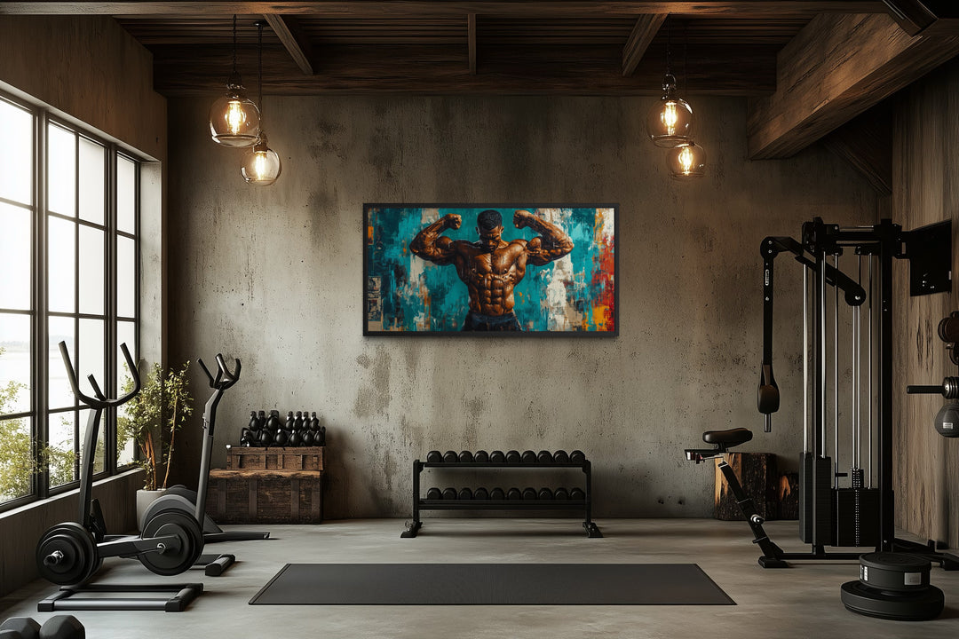 Framed canvas art of a bodybuilder with graffiti-style background.