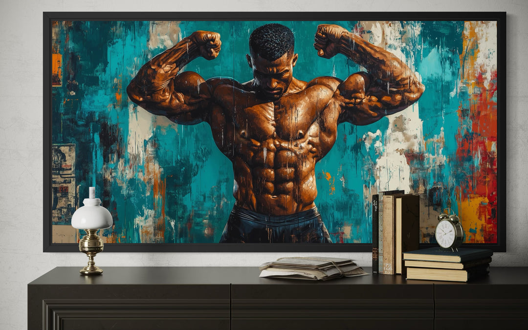 Framed canvas art of a bodybuilder flexing against a graffiti background.