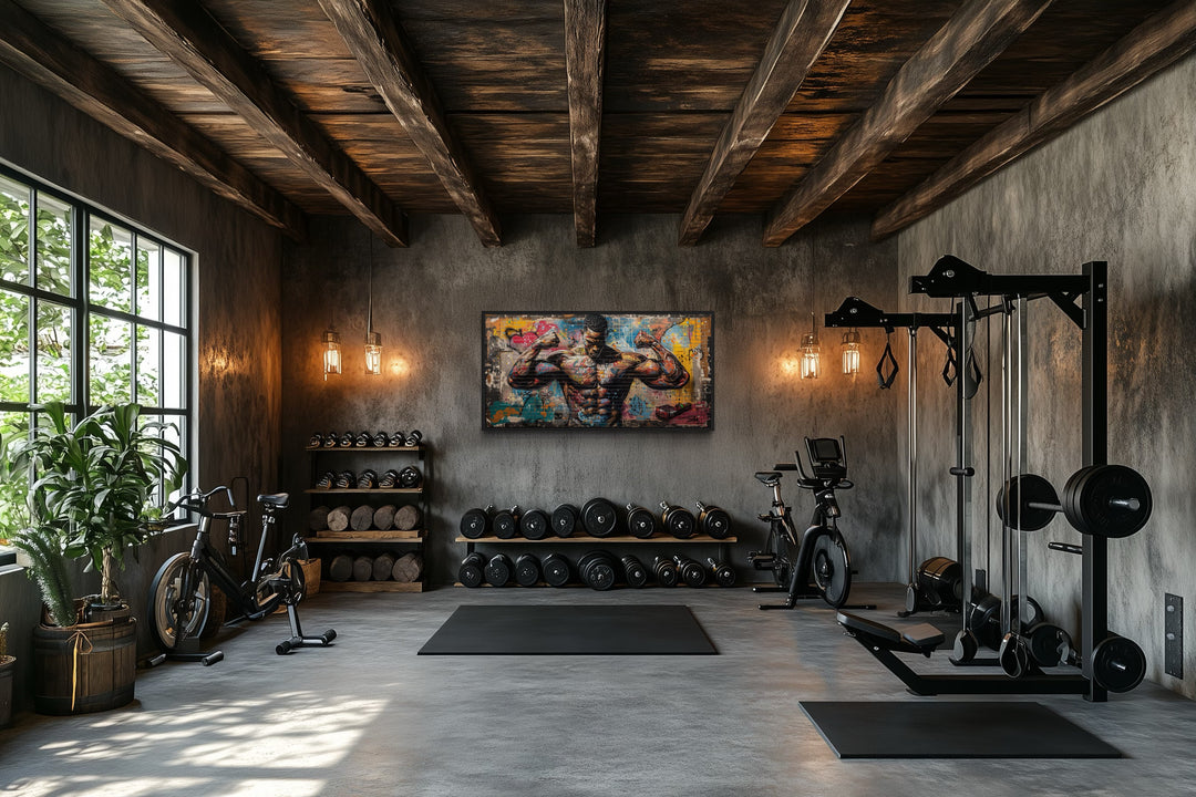 Bodybuilder Graffiti Wall Art – Framed Canvas Gym Painting for Fitness Room Decor