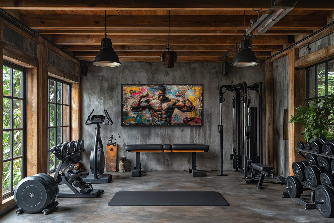 Bodybuilder Graffiti Wall Art – Framed Canvas Gym Painting for Fitness Room Decor