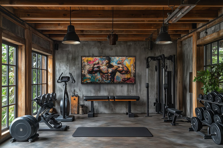 Bodybuilder Graffiti Wall Art – Framed Canvas Gym Painting for Fitness Room Decor