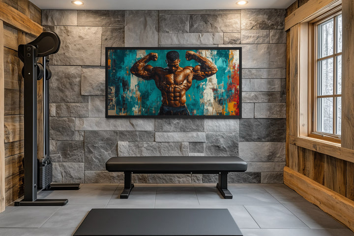 Framed canvas painting of a bodybuilder with graffiti-style art.