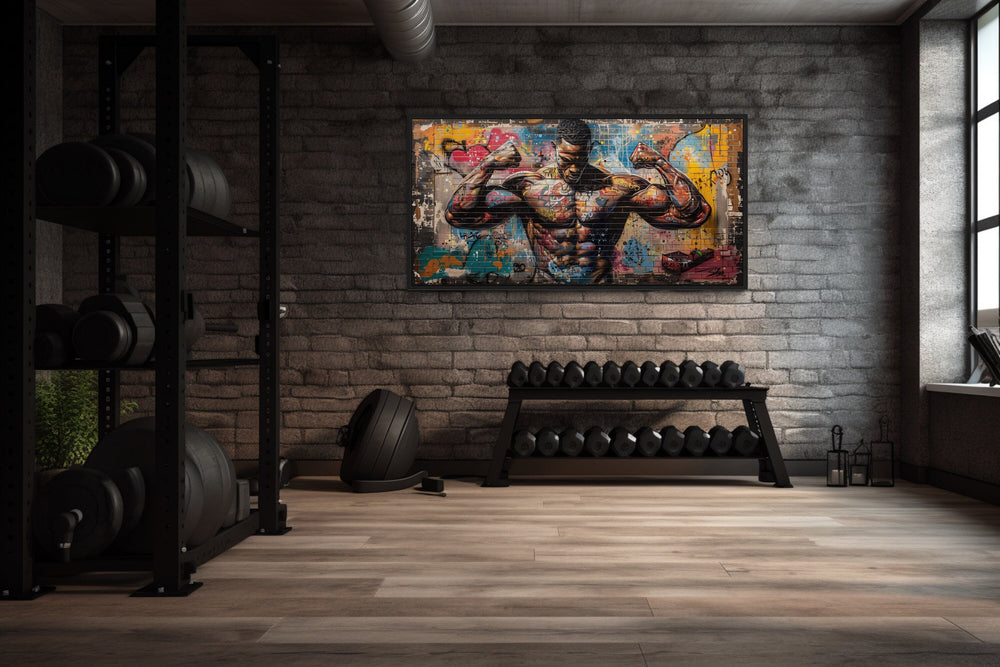 Bodybuilder Man Flexing Graffiti Painting in the gym