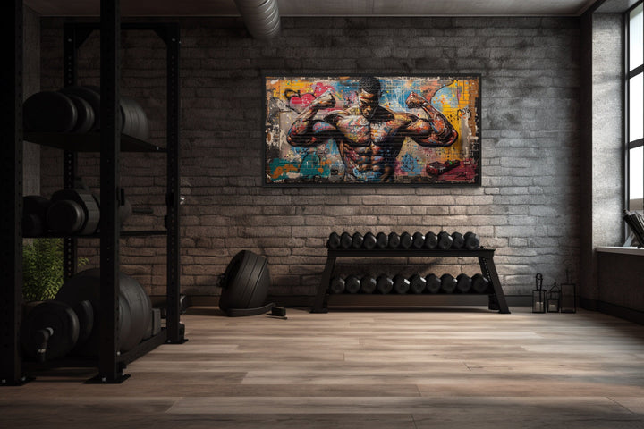 Bodybuilder Man Flexing Graffiti Painting Gym Framed Canvas Wall Art