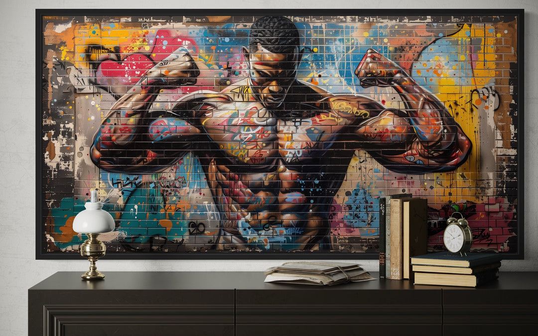 Bodybuilder Man Flexing Graffiti Painting Gym Framed Canvas Wall Art