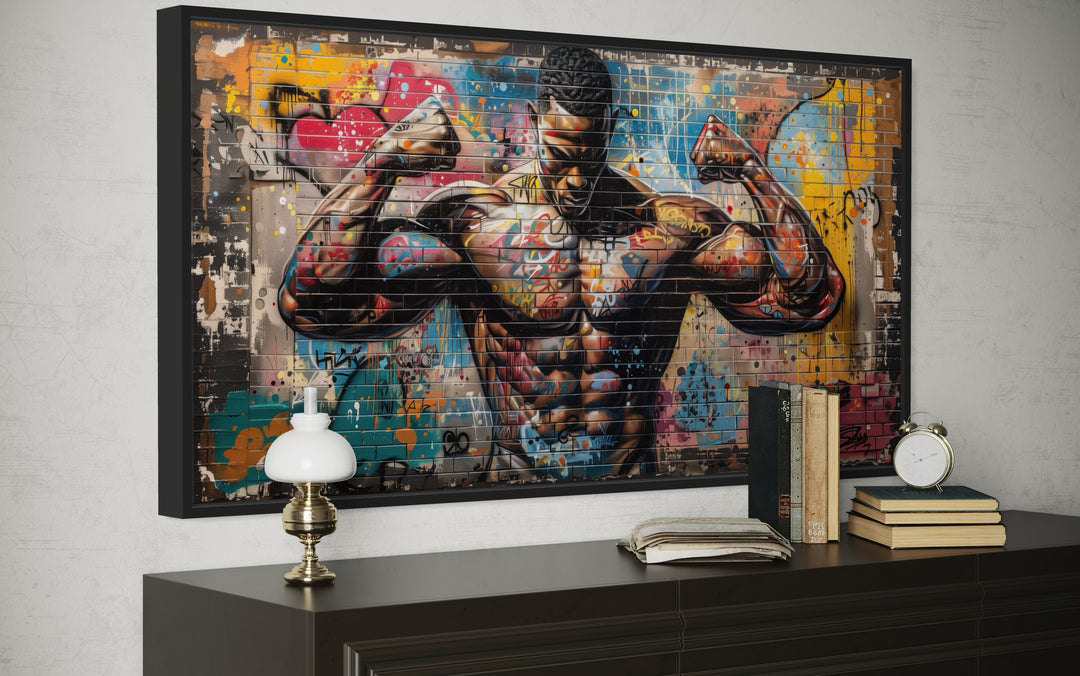 Bodybuilder Man Flexing Graffiti Painting Gym Framed Canvas Wall Art