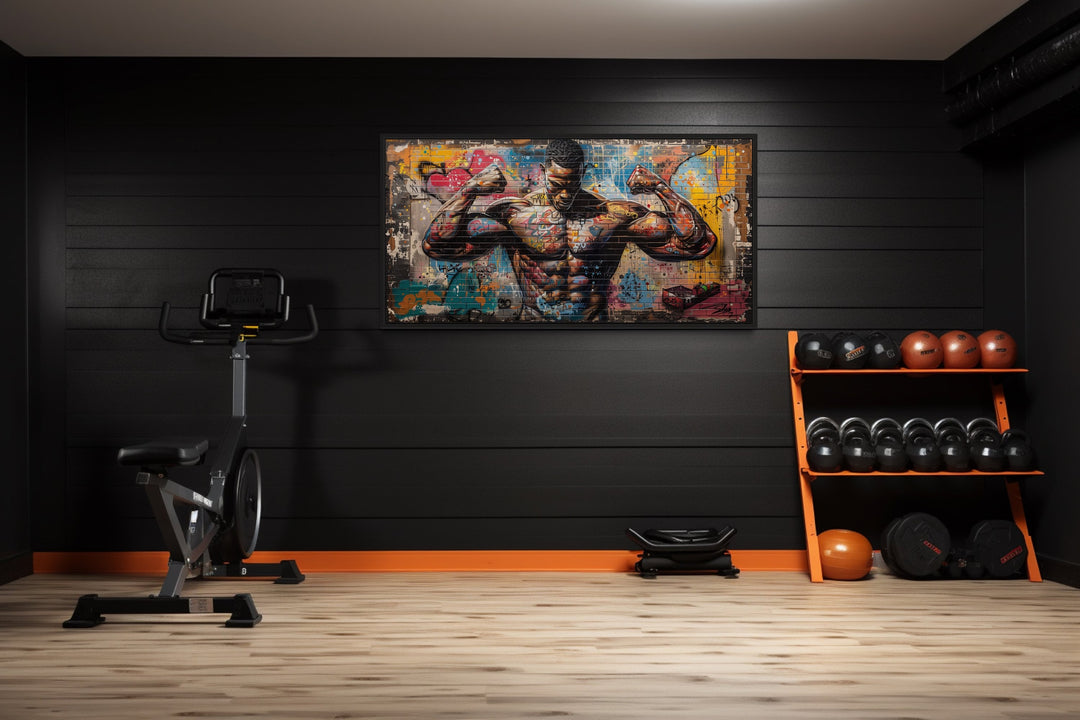 Bodybuilder Man Flexing Graffiti Painting Gym Framed Canvas Wall Art