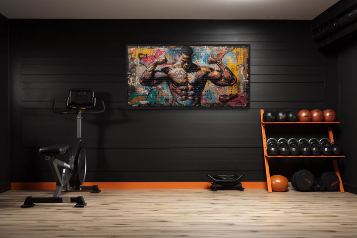 Bodybuilder Man Flexing Graffiti Painting Gym Framed Canvas Wall Art