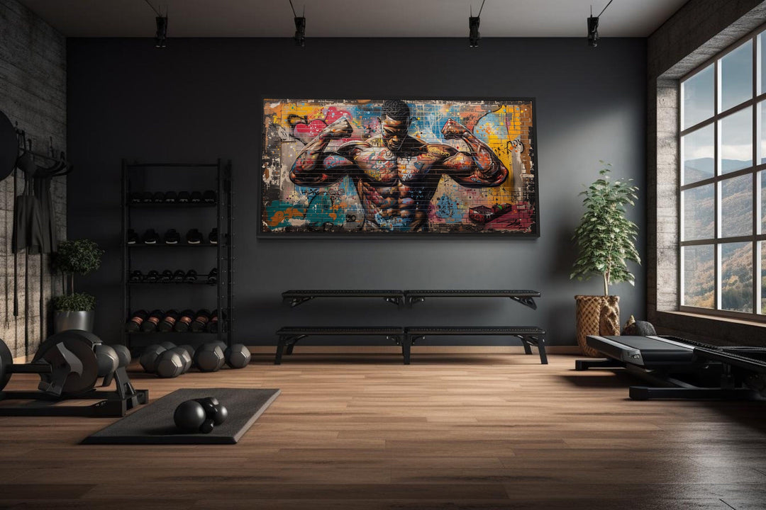 Bodybuilder Man Flexing Graffiti Painting Gym Framed Canvas Wall Art