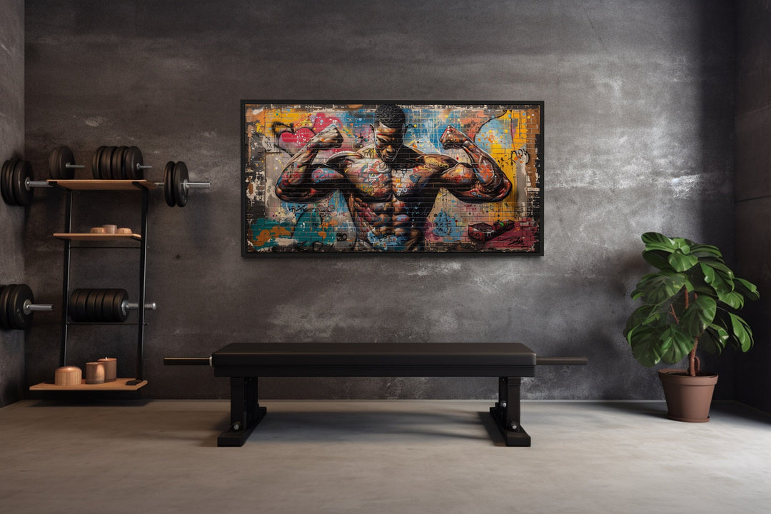 Bodybuilder Man Flexing Graffiti Painting Gym Framed Canvas Wall Art