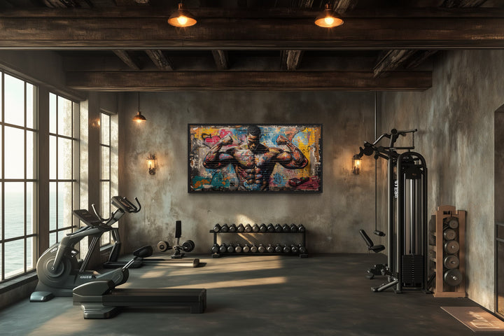 Bodybuilder Man Flexing Graffiti Painting Gym Framed Canvas Wall Art