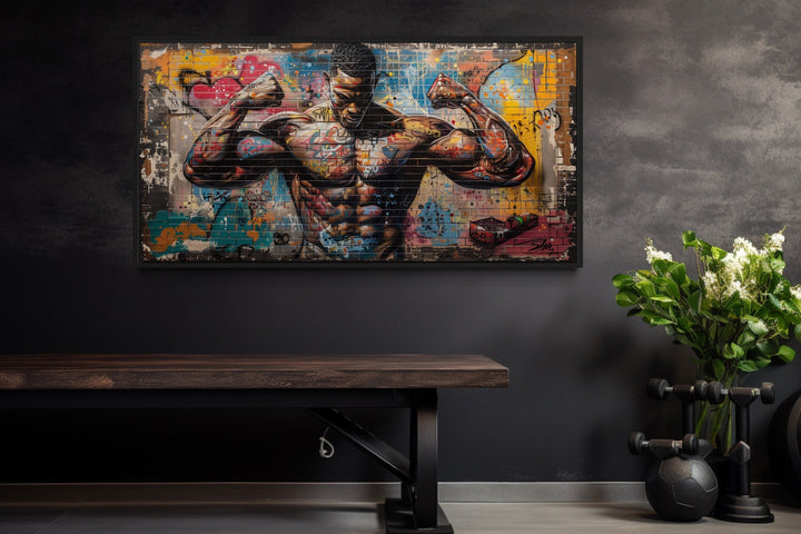 Bodybuilder Man Flexing Graffiti Painting Gym Framed Canvas Wall Art