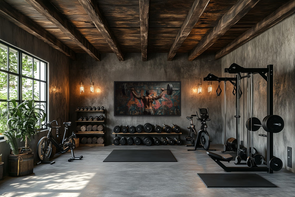 Bodybuilder Man Lifting Barbell Graffiti Framed Canvas Wall Art For Home Gym