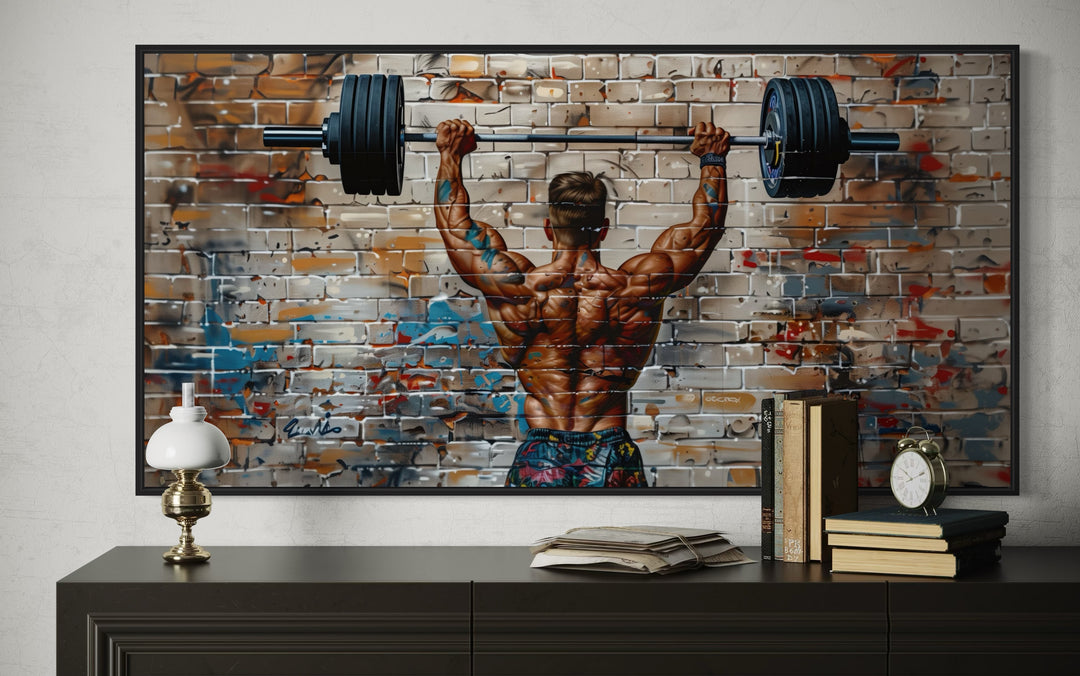 Bodybuilder Man Lifting Barbell Graffiti Framed Canvas Wall Art For Home Gym