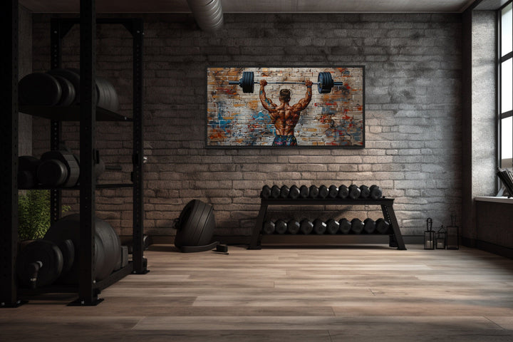 Bodybuilder Man Lifting Barbell Graffiti Framed Canvas Wall Art For Home Gym