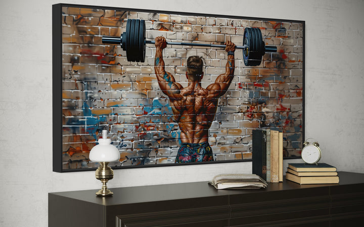 Bodybuilder Man Lifting Barbell Graffiti Framed Canvas Wall Art For Home Gym