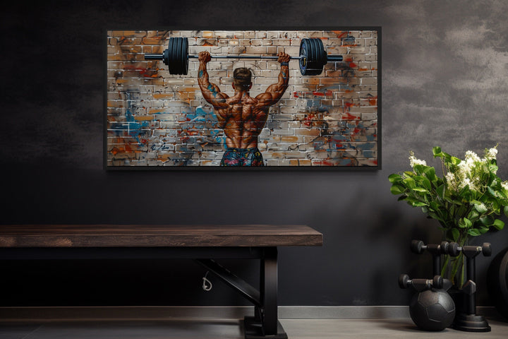 Bodybuilder Man Lifting Barbell Graffiti Framed Canvas Wall Art For Home Gym