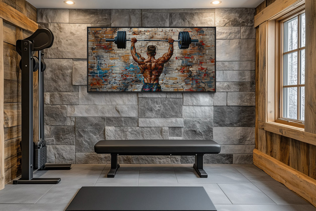 Bodybuilder Man Lifting Barbell Graffiti Framed Canvas Wall Art For Home Gym