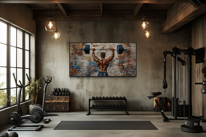 Bodybuilder Man Lifting Barbell Graffiti Framed Canvas Wall Art For Home Gym