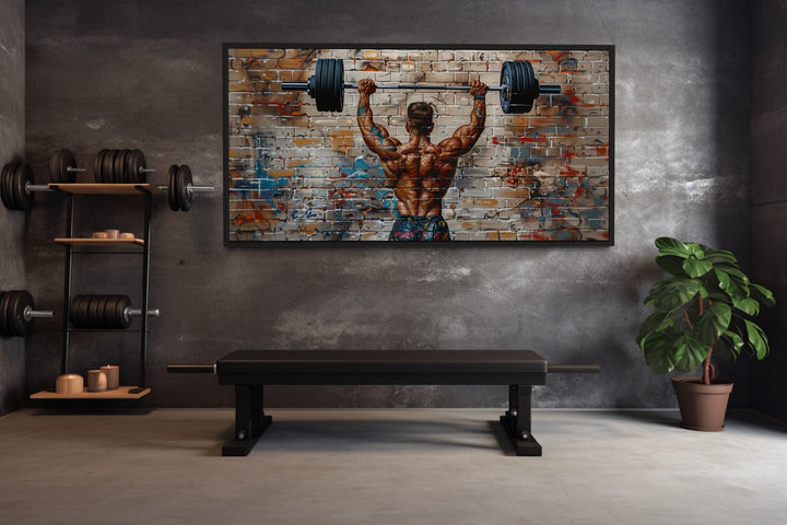 Bodybuilder Man Lifting Barbell Graffiti Framed Canvas Wall Art For Home Gym