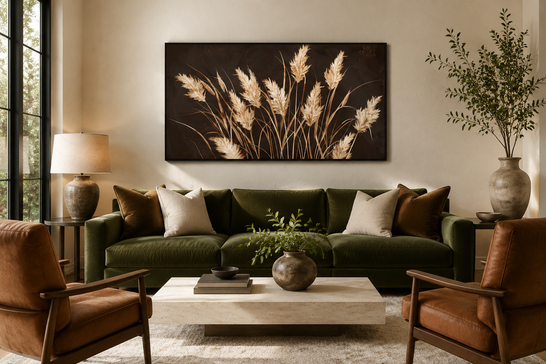 Boho canvas wall art featuring beige grass on a dark brown background in a rustic living room.
