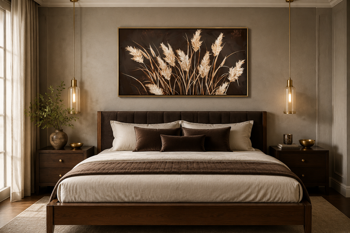 Boho framed canvas wall art featuring beige grass on a dark brown background above a bed.