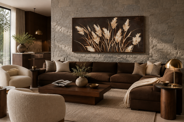 Extra large framed canvas print of neutral-toned grasses on a dark brown background.