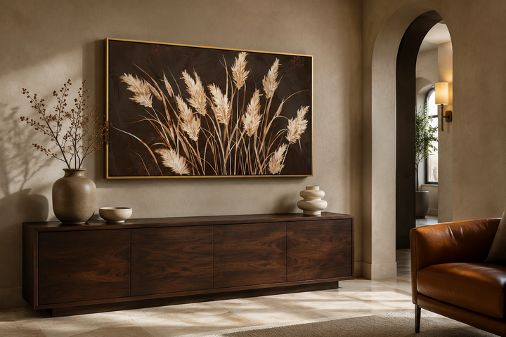 Boho framed canvas wall art featuring beige grass on a dark brown background in a modern room.
