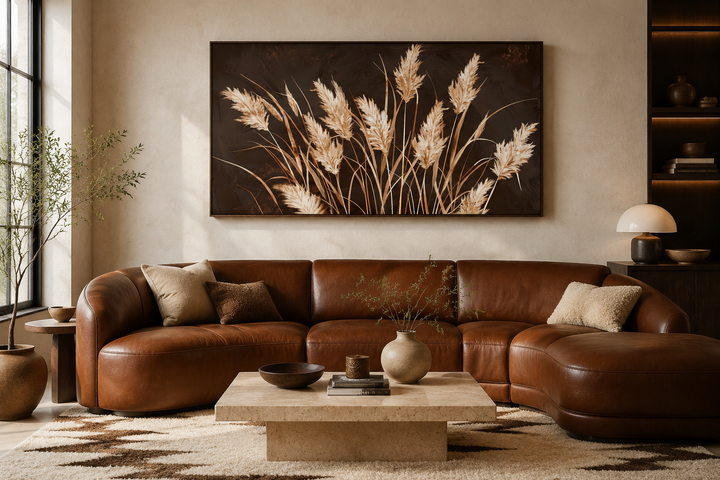 Boho framed canvas wall art featuring beige grass on a brown background above a leather sofa.