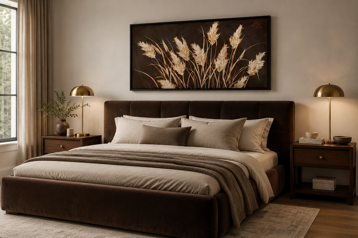 Boho framed canvas wall art featuring beige grass on a dark brown background above a bed.