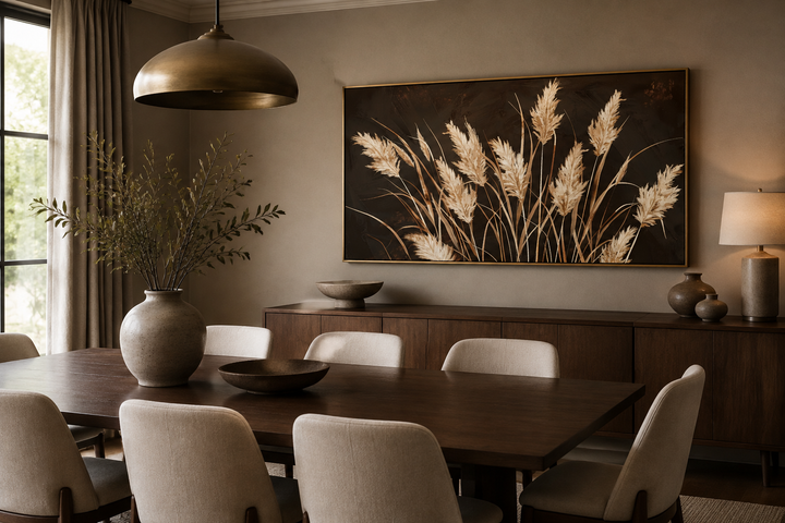 Boho canvas wall art featuring beige grass on a dark brown background in a dining room setting.