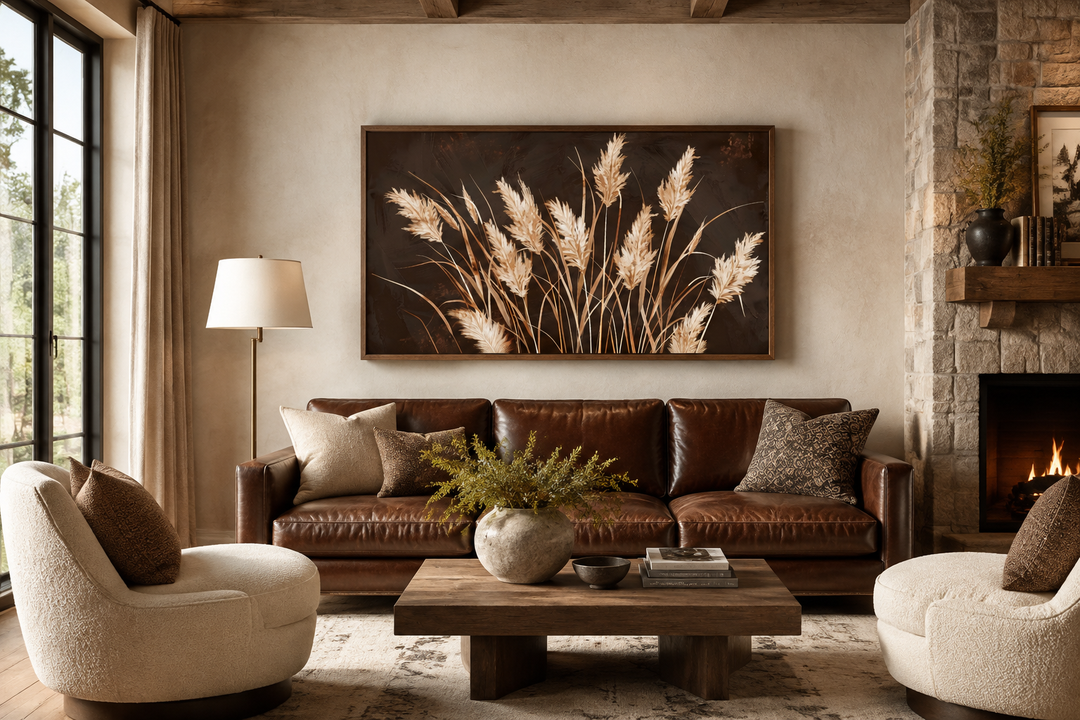 Boho framed canvas wall art featuring beige grass on a brown background in a rustic living room.