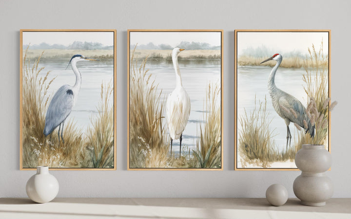 Three framed canvas prints of a heron, egret, and crane in a neutral coastal landscape.