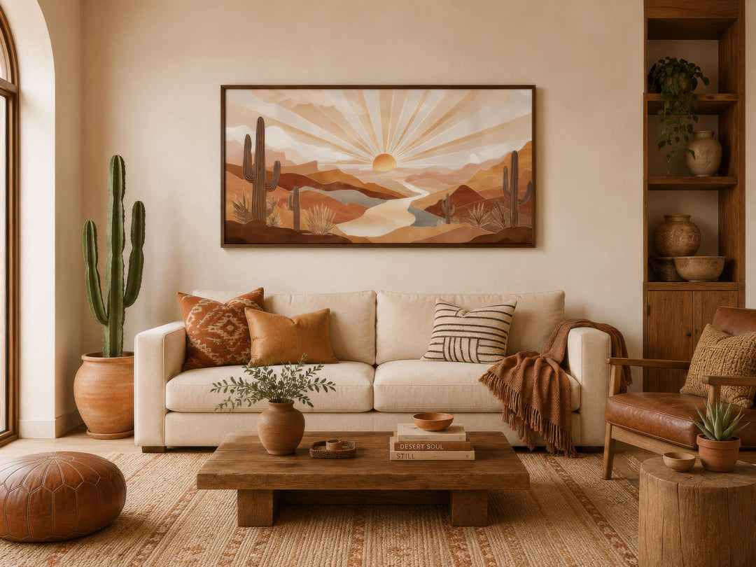 Boho desert sunset wall art featuring saguaro cacti and rolling hills in a warm, earthy living room.