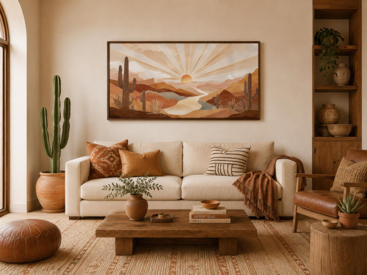 Boho desert sunset wall art featuring saguaro cacti and rolling hills in a warm, earthy living room.