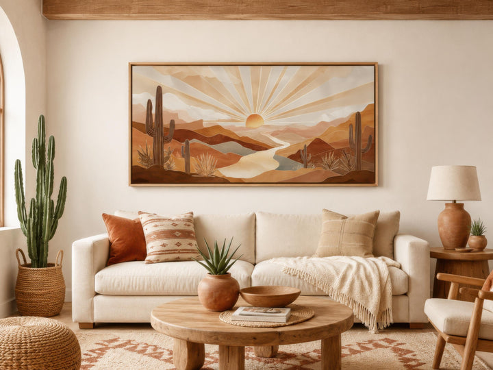 Boho desert sunset wall art featuring saguaro cacti and rolling hills in a warm, earthy palette.