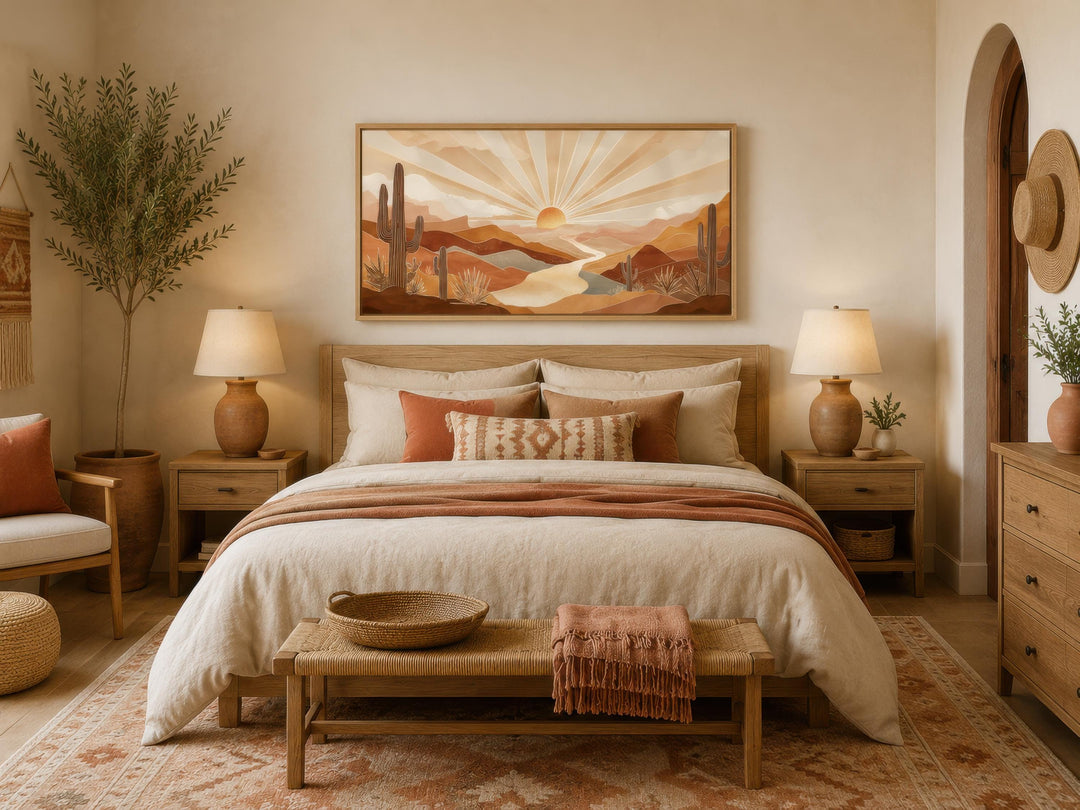 Boho desert sunset wall art featuring saguaro cacti and rolling hills in a warm, earthy bedroom.