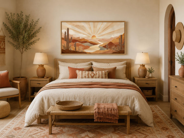 Boho desert sunset wall art featuring saguaro cacti and rolling hills in a warm, earthy bedroom.