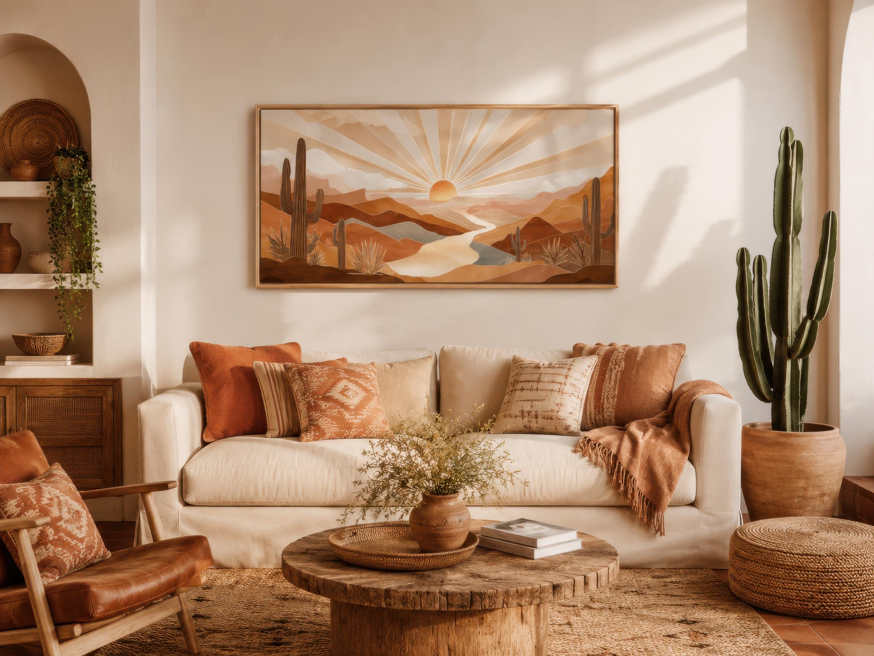 -Texture Art／50×40cm テクスチャー N.キャンバスボードd Boho Desert Sunset Wall Art | Saguaro Cactus Canvas Print – Wall