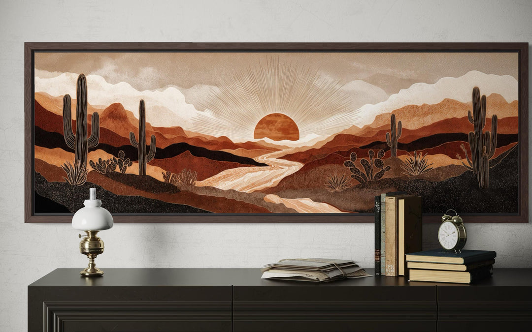 Boho desert sunset canvas wall art featuring saguaro cacti and a ...