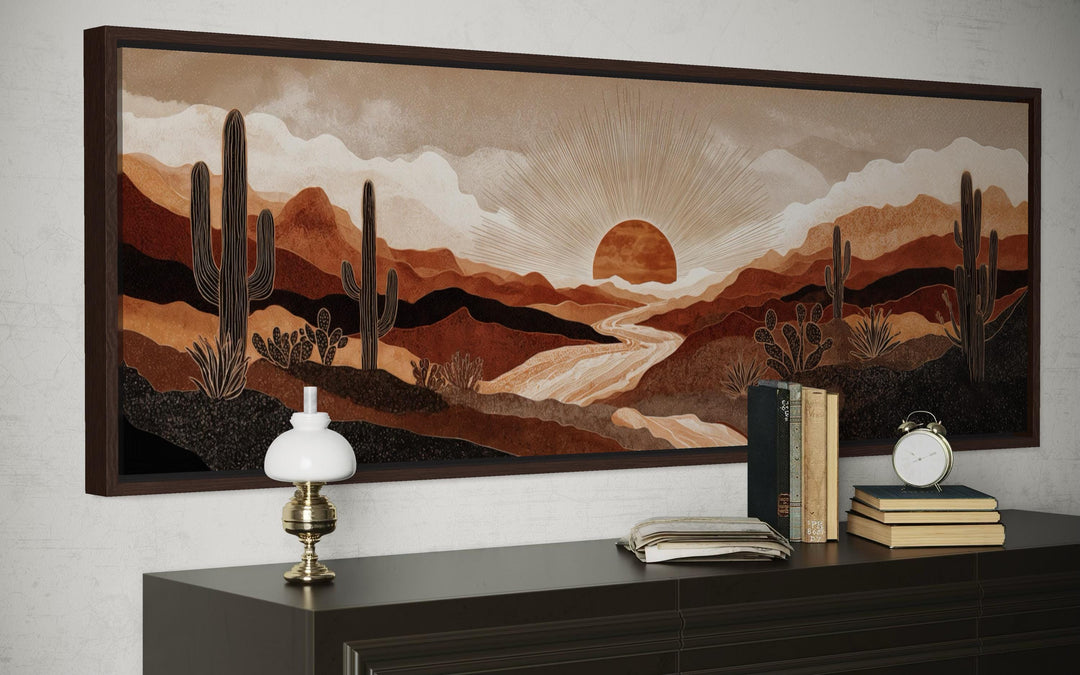 Boho desert sunset canvas wall art with saguaro cacti and mountains in warm earthy tones.