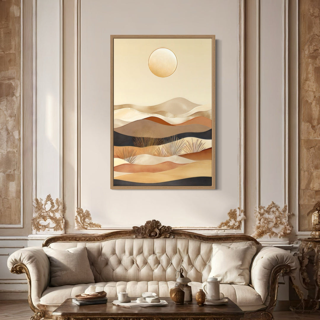 Boho desert vertical mid-century modern framed canvas wall art in neutral colors above a sofa.