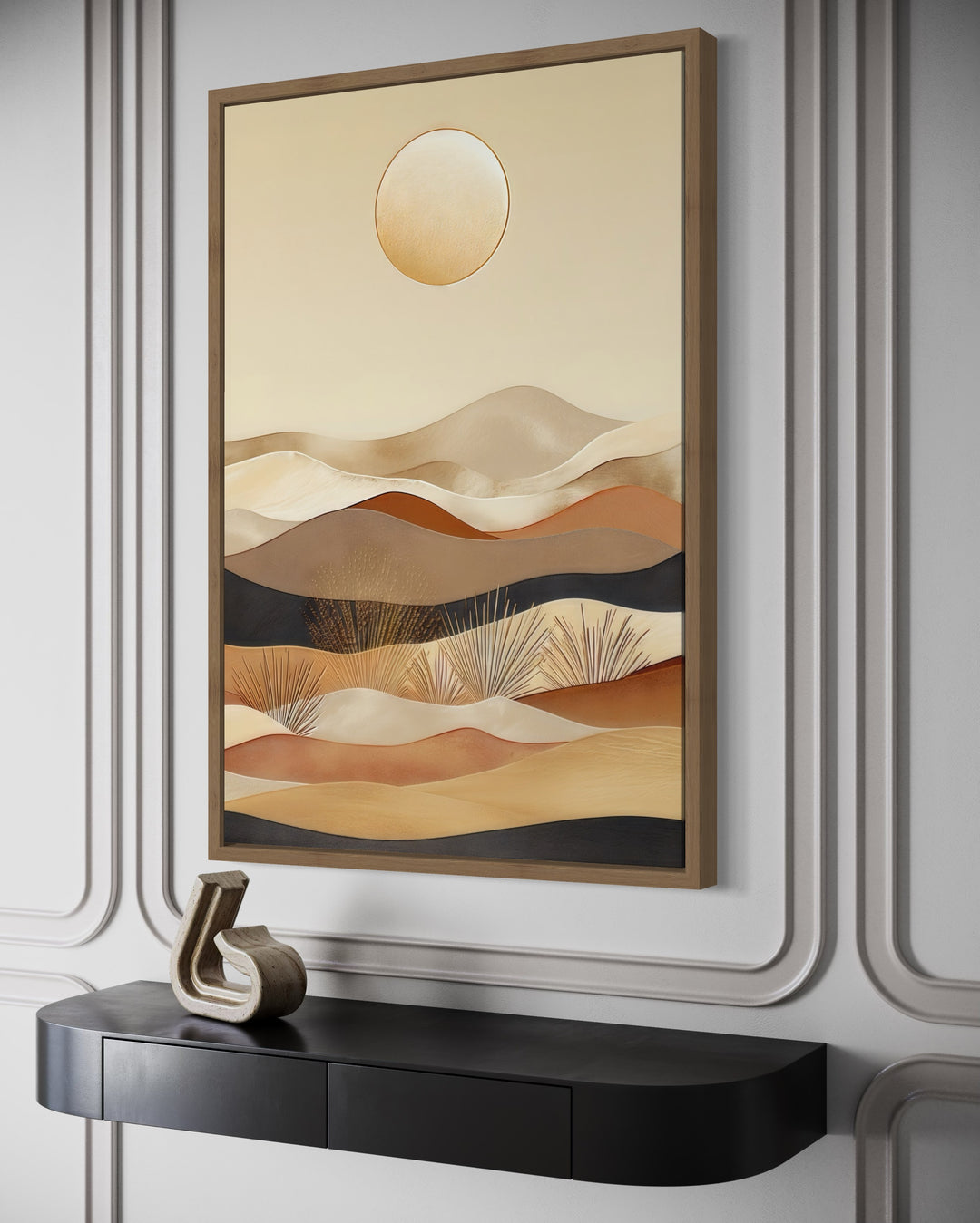 Framed vertical canvas art of a boho desert landscape with sand dunes and a sun in neutral tones.