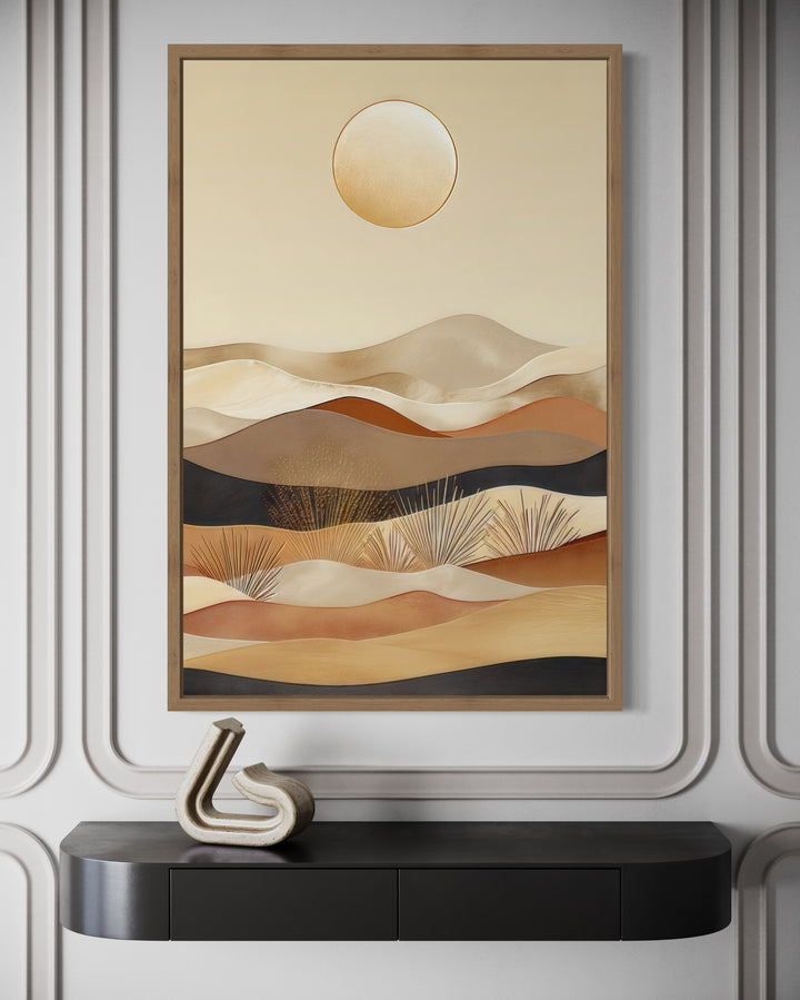 Boho desert vertical framed canvas wall art with rolling dunes and sun in neutral earthy tones.