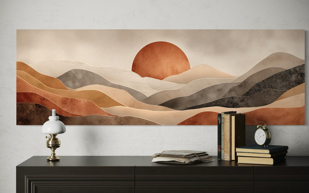 Long horizontal canvas print of a boho desert landscape with terracotta sun and rolling hills.